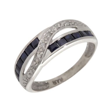 Pre-Owned 9ct White Gold Sapphire & Diamond Crossover Wave Ring