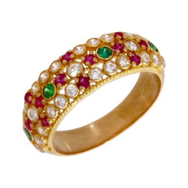 Pre-Owned 22ct Gold Multi Colour Gemstone Triple Row Dress Ring