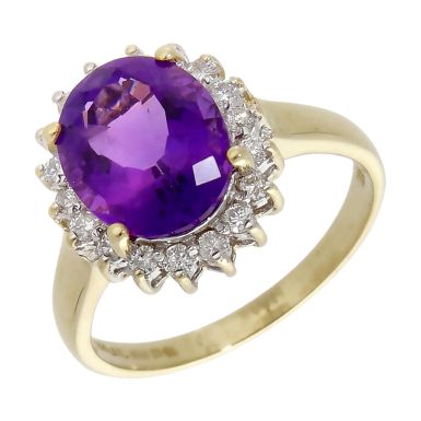 Pre-Owned 9ct Yellow Gold Amethyst & Diamond Cluster Ring