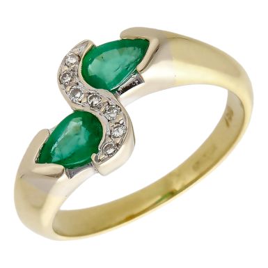 Pre-Owned 18ct Gold Emerald & Diamond Crossover Twist Ring