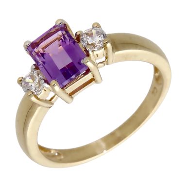 Pre-Owned 9ct Yellow Gold Amethyst & Cubic Zirconia Trilogy Ring