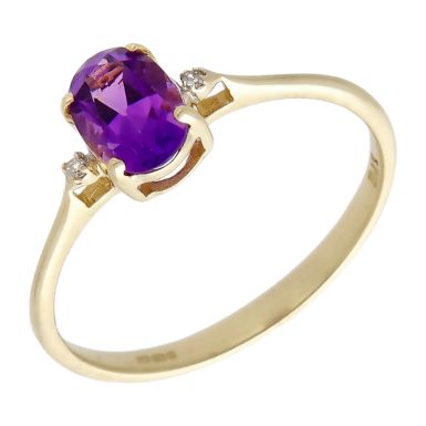 Pre-Owned 9ct Yellow Gold Oval Amethyst & Diamond Dress Ring