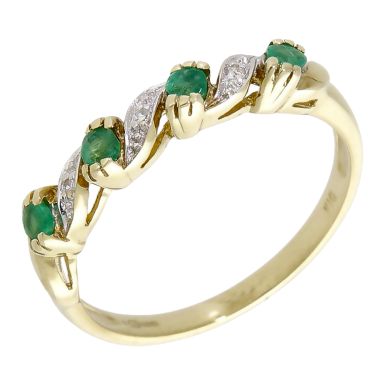 Pre-Owned 9ct Yellow Gold Emerald & Diamond Wave Ring