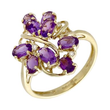 Pre-Owned 9ct Yellow Gold Amethyst & Diamond Dress Ring