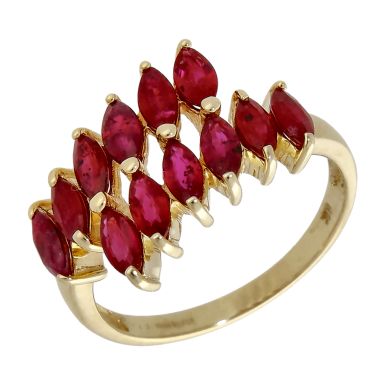 Pre-Owned 9ct Yellow Gold Marquise Ruby 2-Row Dress Ring