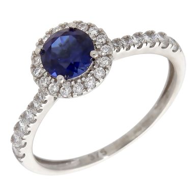 Pre-Owned 9ct White Gold Synthetic Sapphire & CZ Halo Ring