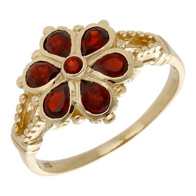Pre-Owned 9ct Yellow Gold Garnet Flower Cluster Ring