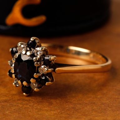 Pre-Owned Vintage 1981 9ct Gold Sapphire & Diamond Cluster Ring