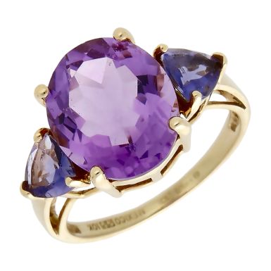 Pre-Owned 9ct Yellow Gold Amethyst & Iolite Trilogy Dress Ring