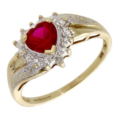 Pre-Owed 9ct Yellow Gold Simulated Ruby & Diamond Dress Ring