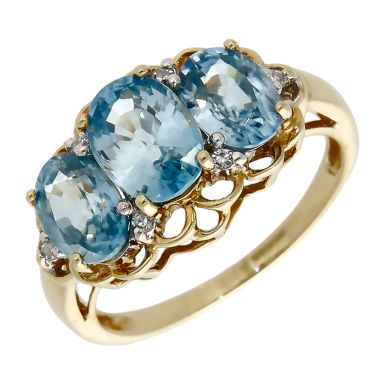Pre-Owned 9ct Yellow Gold Blue Topaz & Diamond Dress Ring