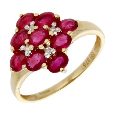 Pre-Owned 9ct Yellow Gold Ruby & Diamond Cluster Ring