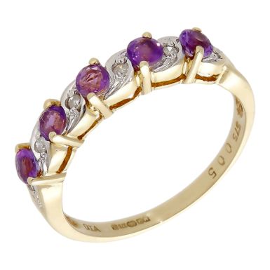 Pre-Owned 9ct Yellow Gold Amethyst & Diamond Band Ring