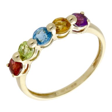 Pre-Owned 9ct Yellow Gold Multi Gemstone Set 5 Stone Dress Ring