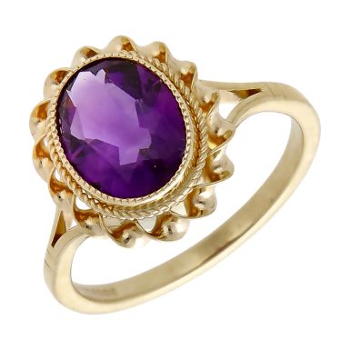 Pre-Owned 9ct Yellow Gold Rope Edged Oval Amethyst Ring