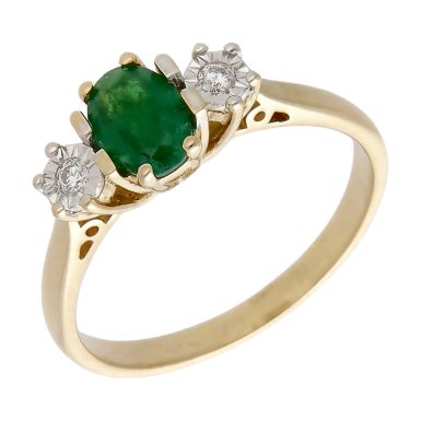 Pre-Owned 9ct Yellow Gold Emerald & Diamond Trilogy Ring