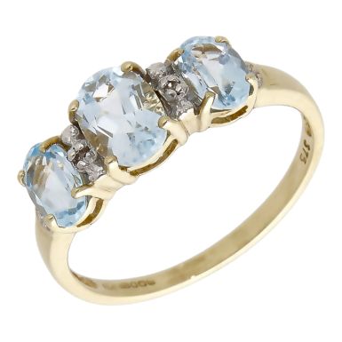 Pre-Owned 9ct Yellow Gold Blue Topaz Trilogy Dress Ring