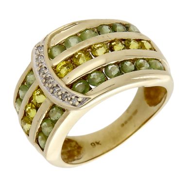 Pre-Owned 9ct Gold Green & Yellow Topaz Multi Row Dress Ring