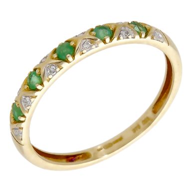 Pre-Owned 9ct Yellow Gold Emerald & Diamond Band Ring