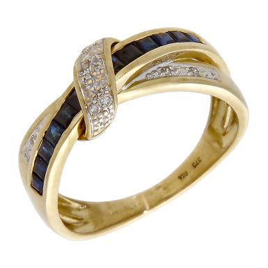 Pre-Owned 9ct Yellow Gold Sapphire & Diamond Crossover Wave Ring