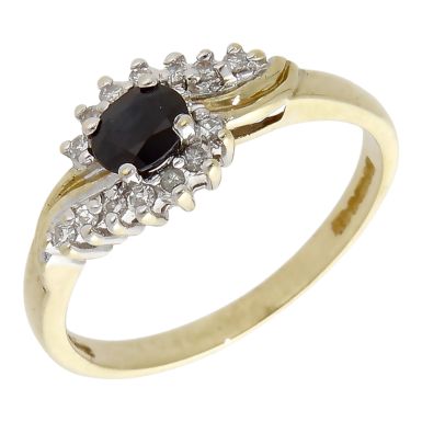 Pre-Owned 9ct Yellow Gold Sapphire & Diamond Cluster Twist Ring