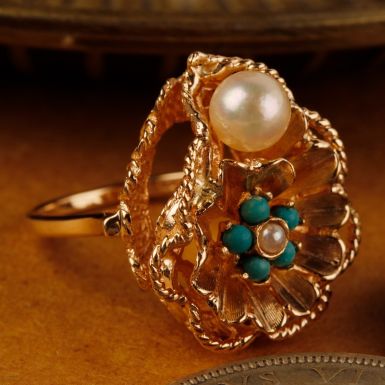 Pre-Owned Vintage 1966 14ct Gold Turquoise & Pearl Floral Ring