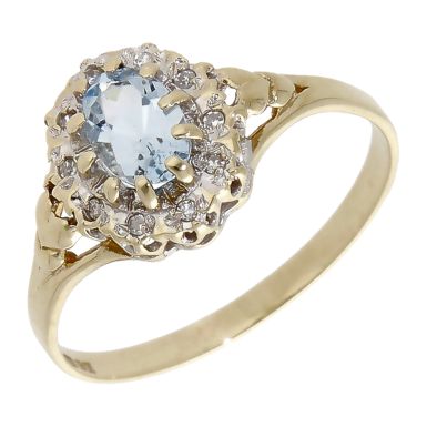 Pre-Owned 9ct Yellow Gold Aquamarine & Diamond Cluster Ring