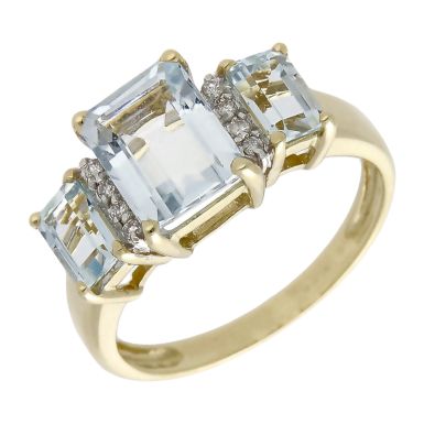 Pre-Owned 9ct Yellow Gold Aquamarine & Diamond Dress Ring