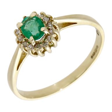 Pre-Owned 9ct Yellow Gold Emerald & Diamond Cluster Ring