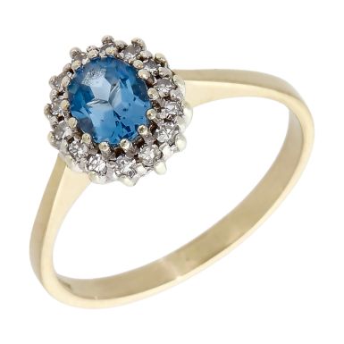 Pre-Owned 9ct Yellow Gold Blue Topaz & Diamond Cluster Ring