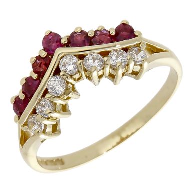 Pre-Owned 9ct Gold Ruby & Cubic Zirconia 2 Row Wishbone Ring