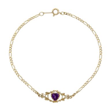 Pre-Owned 9ct Yellow Gold 7" Amethyst Heart Bracelet