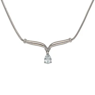 Pre-Owned 9ct White Gold Aquamarine Teardrop Wishbone Necklet