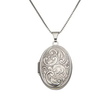 Pre-Owned 9ct White Gold Patterned Locket & Chain Necklace