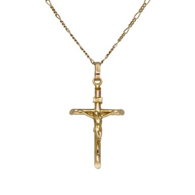 Pre-Owned 9ct Gold Crucifix Pendant & Figaro Chain Necklace