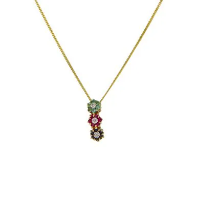Pre-Owned 9ct Ruby Sapphire Emerald & Diamond Clusters Necklace