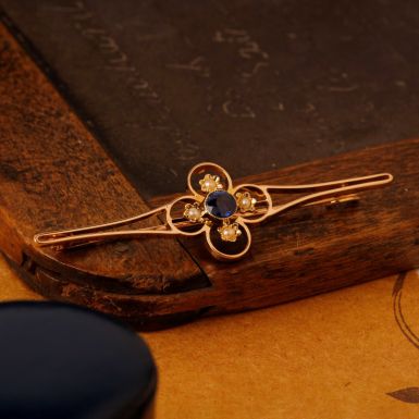 Pre-Owned 15ct Yellow Gold Sapphire & Seed Pearl Brooch