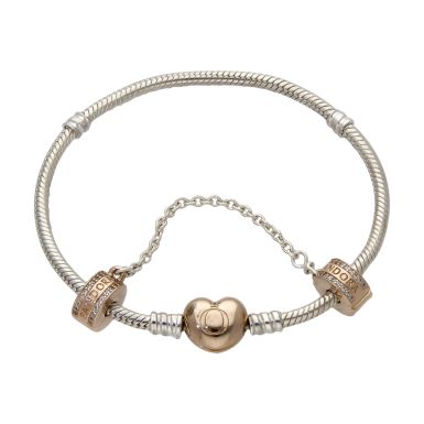 Pre-Owned Pandora Silver & Rose Plated Bracelet & Safety Chain