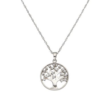 Pre-Owned Silver Cubic Zirconia Family Tree Pendant Necklace