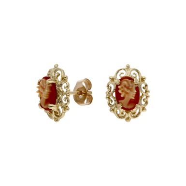 Pre-Owned 9ct Gold Filigree Edged Oval Cameo Stud Earrings