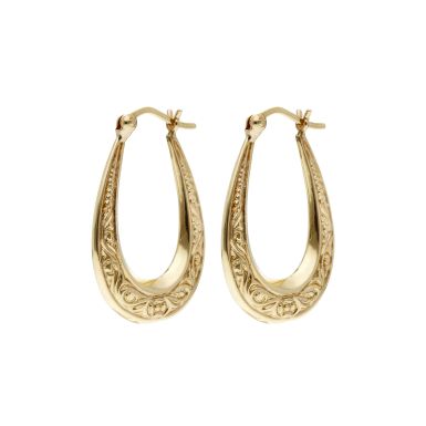 Pre-Owned 9ct Yellow Gold Scroll Patterned Creole Earrings