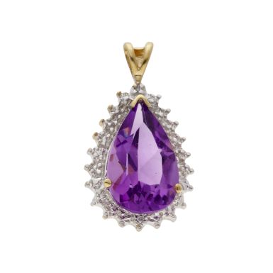 Pre-Owned 9ct Gold Amethyst & Diamond Pear Cluster Pendant