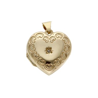 Pre-Owned 9ct Diamond Set Part Patterned Heart Locket Pendant