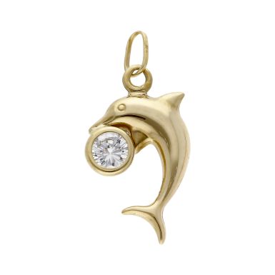 Pre-Owned 9ct Yellow Gold Cubic Zirconia Dolphin Charm Pendant