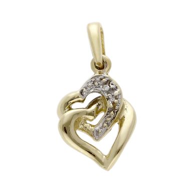 Pre-Owned 9ct Yellow Gold Diamond Set Double Heart Pendant
