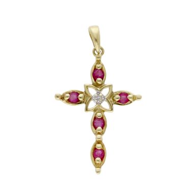 Pre-Owned 9ct Yellow Gold Ruby & Diamond Cross Pendant