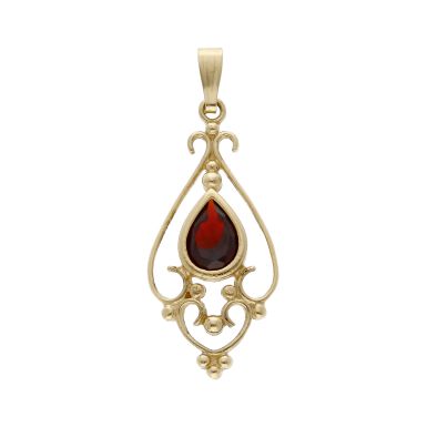 Pre-Owned 9ct Yellow Gold Garnet Teardrop Set Filigree Pendant
