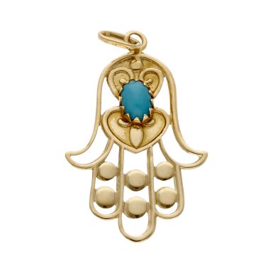Pre-Owned 18ct Gold Synthetic Turquoise Hamsa Hand Pendant