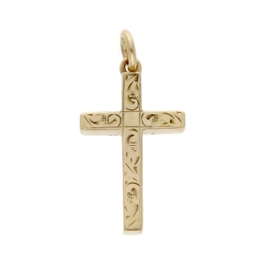 Pre-Owned 9ct Yellow Gold Patterned Block Cross Pendant