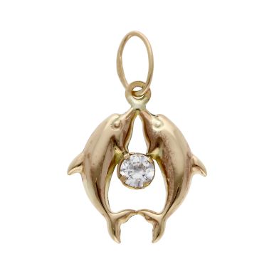 Pre-Owned 9ct Yellow Gold Cubic Zirconia Double Dolphin Pendant